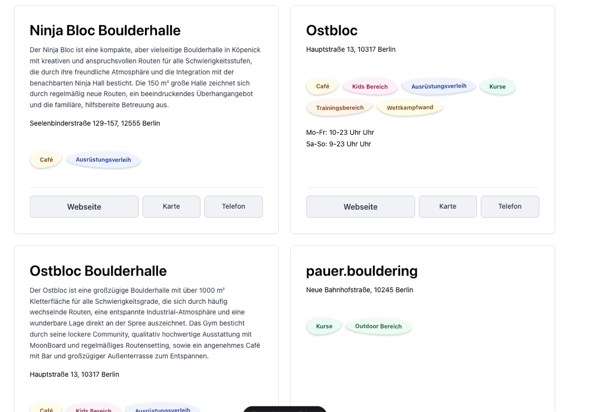 Boulder gym listing cards showing amenity tags