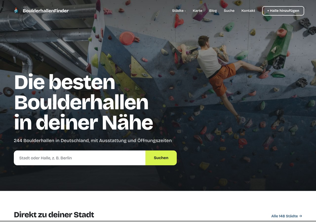 BoulderhallenFinder homepage, August 2026