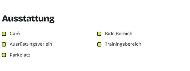 Gym profile with a two-column amenity list