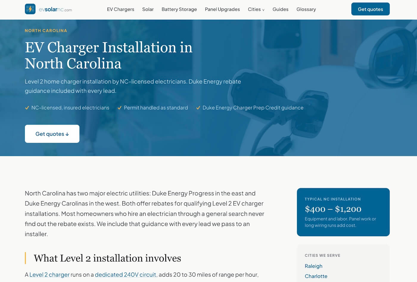 EV charger installation service page with hero, cost sidebar, and city links